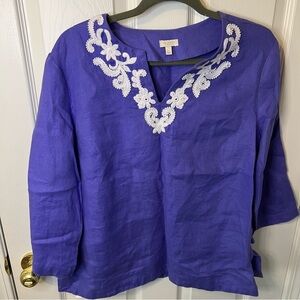 Talbots Blue and White Embroidered Tunic with 3/4 Sleeves